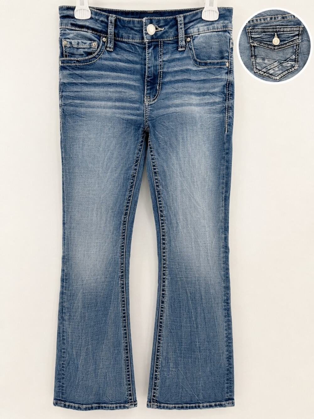 Daytrip Virgo Bootcut Jeans Womens Medium Wash Flap Pocket Stretch Denim 27R